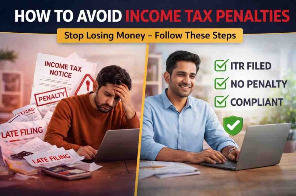 How to Avoid Income Tax Penalties infographic showing stressed taxpayer vs compliant taxpayer with checklist India
