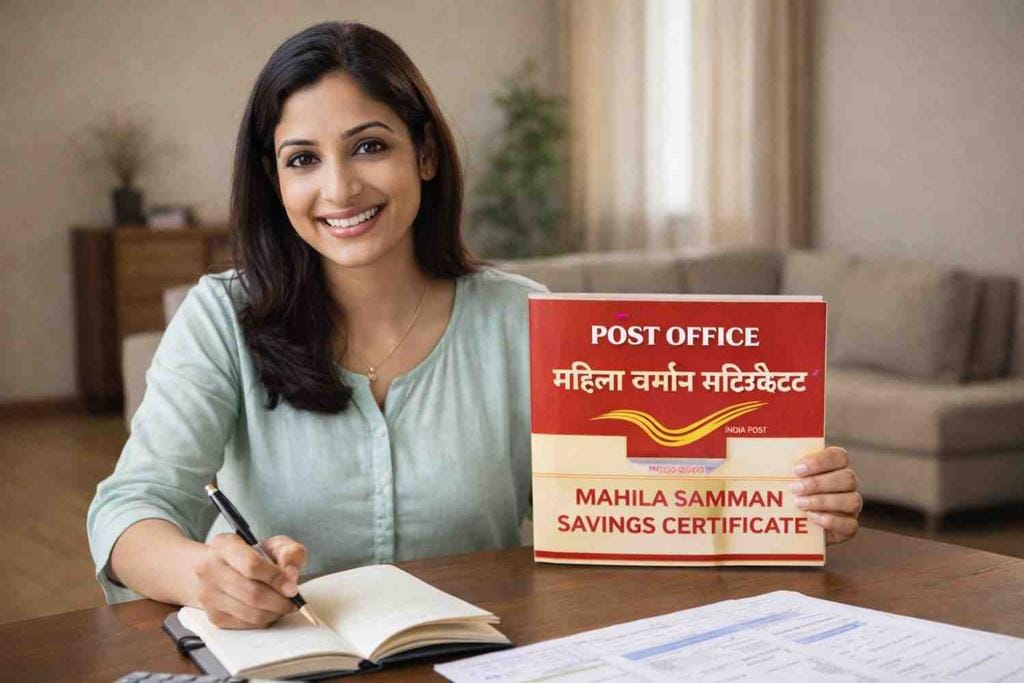 Mahila Samman Scheme investment planning by woman in India with savings documents and calculator