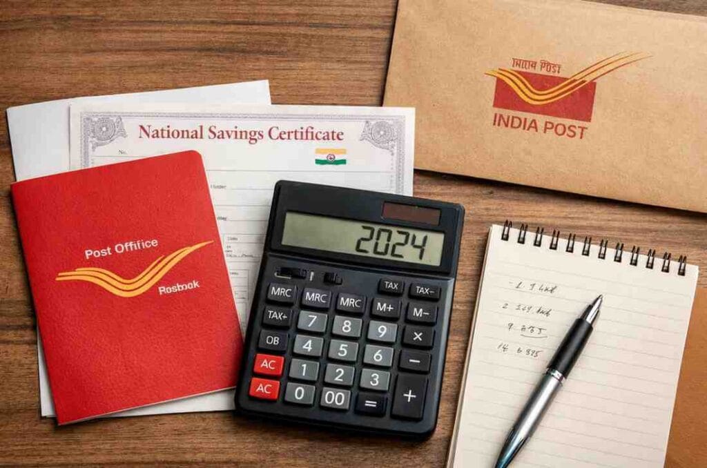 Post Office Tax-Saving Schemes 2024 shown through passbook, calculator and savings documents