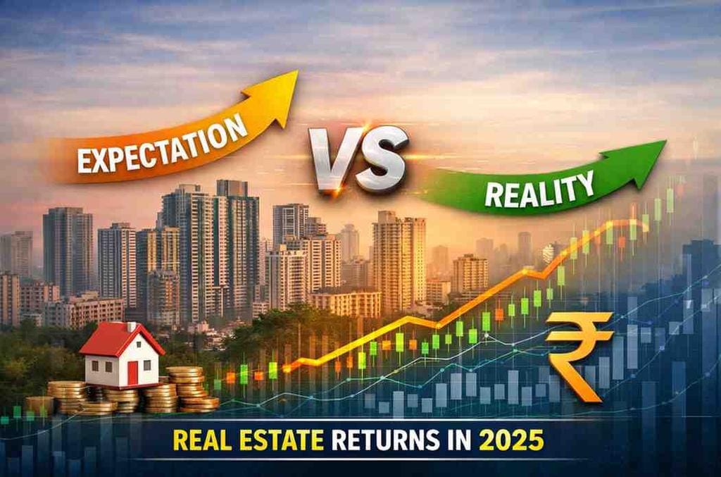 Real estate returns in 2025 showing moderate property growth vs expectations in India with city skyline and financial graph overlay