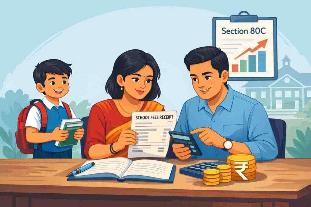 Tax rebate on school fees under Section 80C explained for Indian parents, Indian parents understanding tuition fees deduction under income tax Section 80C, School fees tax rebate in India showing tuition fees deduction under Section 80C