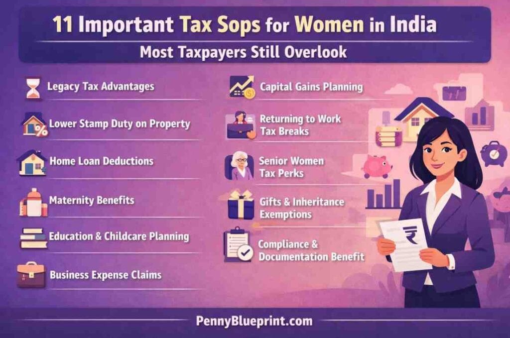Infographic on tax sops for women in India showing key tax benefits and planning advantages