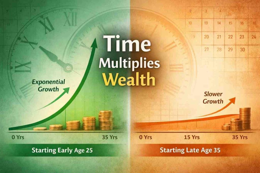 The Power of Compounding illustrated with exponential wealth growth over time comparing early and late investors in India