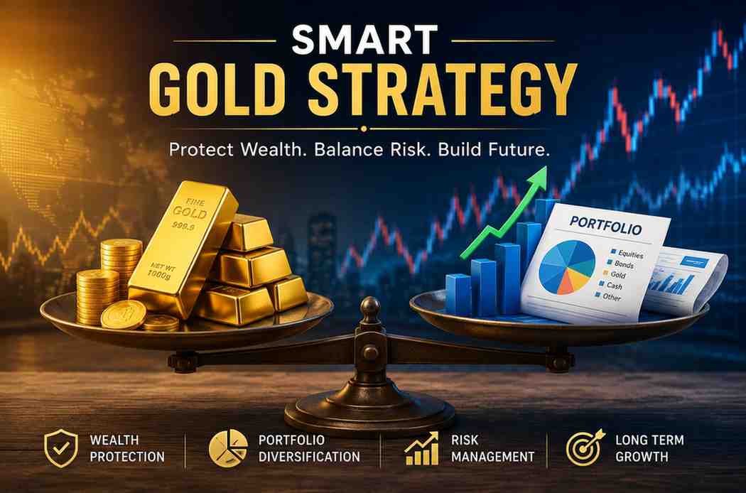 Gold Investment Strategy showing balanced portfolio diversification with gold bars and financial market charts during economic uncertainty