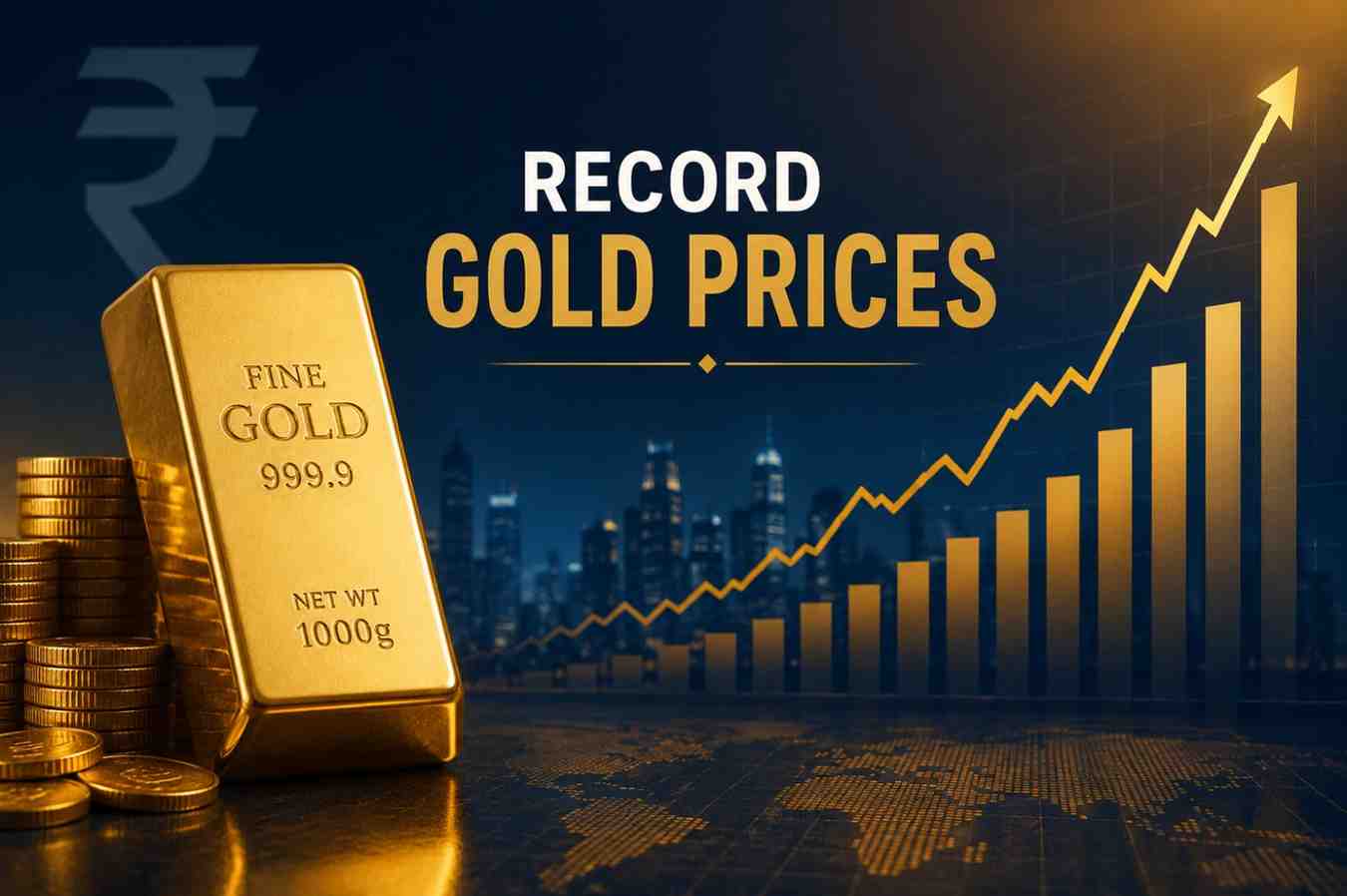 Gold Price Surge in India with gold bars, rising financial chart, and investment concept showing record gold prices