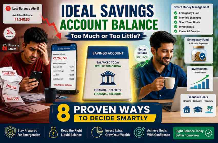 Person comparing low and balanced savings account strategies with emergency fund, investments, and smart money planning concepts for ideal savings account balance in 2026