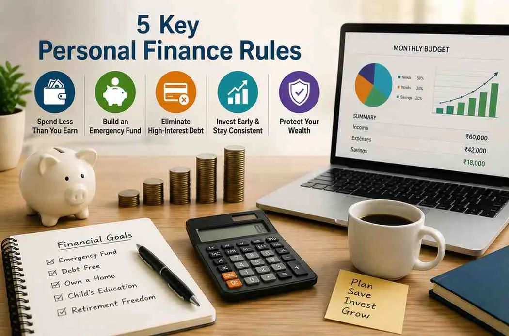 Key Personal Finance Rules illustrated through budgeting, saving, investing, debt management, and financial planning tools for long-term wealth creation