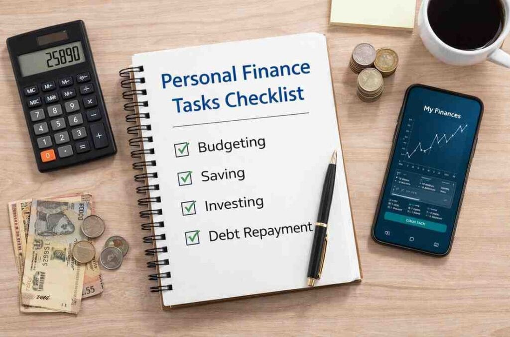 Personal Finance Tasks checklist with budgeting, saving, investing and money management tools on desk