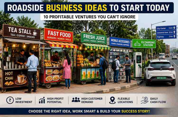 Roadside Business Ideas to Start Today featuring tea stall, food cart, juice stall, mobile accessories shop and EV charging station