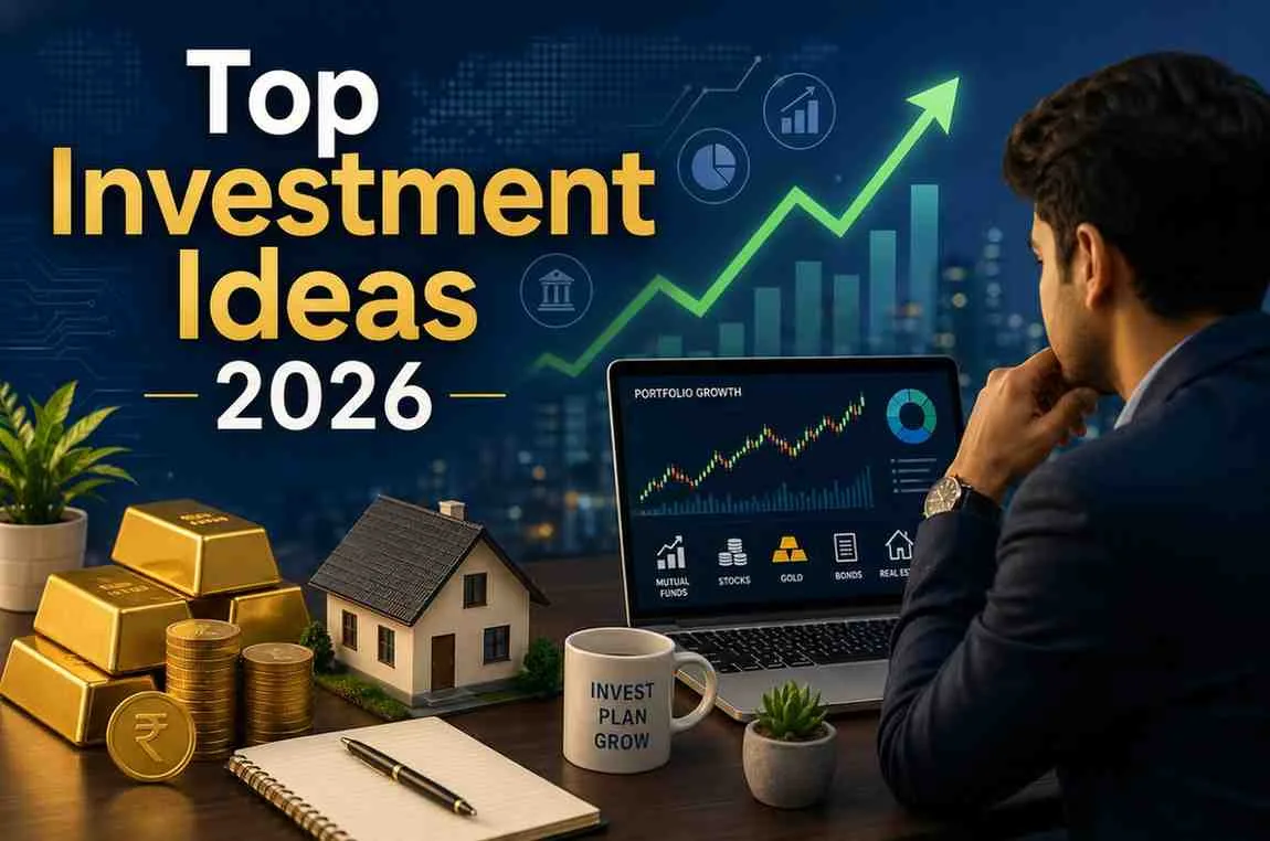 Top Investment Ideas image showing smart wealth-building investments in 2026 including stocks, gold, real estate, and mutual funds