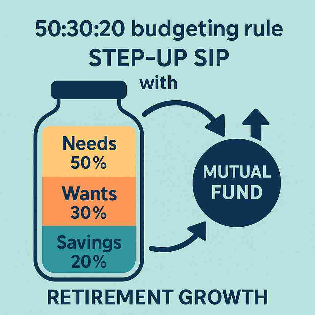 #how to use step-up SIP with the 50-30-20 rule, #step up SIP for wealth creation, #50:30:20 rule India, #SIP for 30,000 salary, #best SIP plan for 27-year-old, #become crorepati with SIP, #financial planning with 50:30:20 rule, #mutual funds for long-term wealth