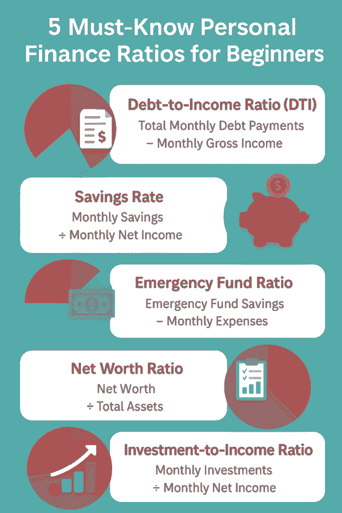 Mastering these 5 Personal Finance Ratios for Beginners can transform your financial journey. From managing debt with the debt-to-income ratio to building wealth with the investment-to-income ratio, these Personal Finance Ratios for Beginners empower you to make smarter money decisions. Start small, track your progress, and stay consistent. With time, you’ll gain the confidence to achieve financial freedom using Personal Finance Ratios for Beginners. Calculate one of these ratios today and take the first step toward a secure financial future!