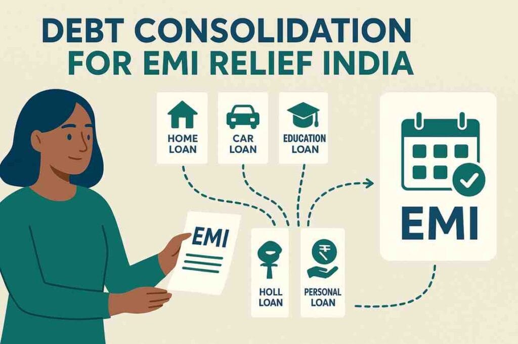 #debt consolidation for EMI relief in India, #EMI relief solutions India, #simplify loan repayments India, #consolidate multiple EMIs, #single EMI repayment plan, #manage loan burden India, #reduce EMI stress