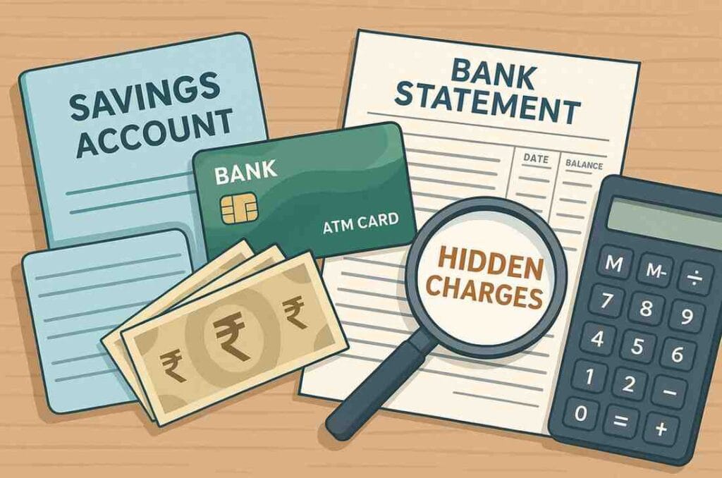 Illustration showing hidden bank charges in India such as ATM decline fees and minimum balance penalties