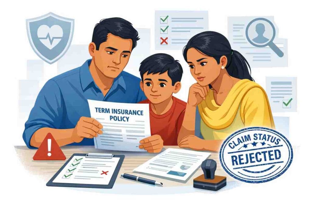 Indian family reviewing policy documents explaining term insurance claim rejection and common reasons in India