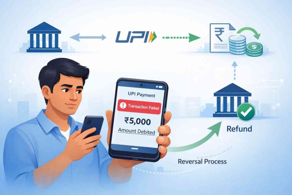 UPI transaction failed but money debited showing refund and RBI reversal process illustration, Illustration explaining UPI transaction failed but money debited and refund timeline in India, UPI payment failure with money debited and bank refund process explained
