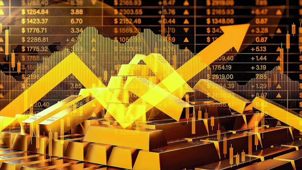 Golden bars stacked with upward-trending stock market charts and rising arrows in the background, symbolizing wealth growth, investment success, and the benefits of gold ETFs in NPS for retirement planning"