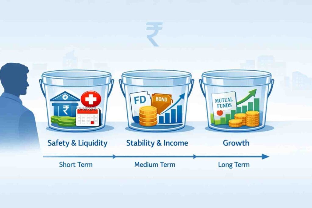 3-bucket portfolio in India showing safety, stability, and long-term growth investments