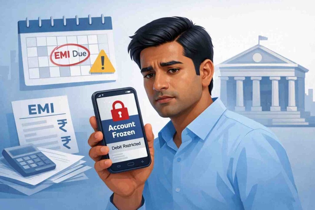 EMI when bank account is frozen in India explained with borrower and bank illustration