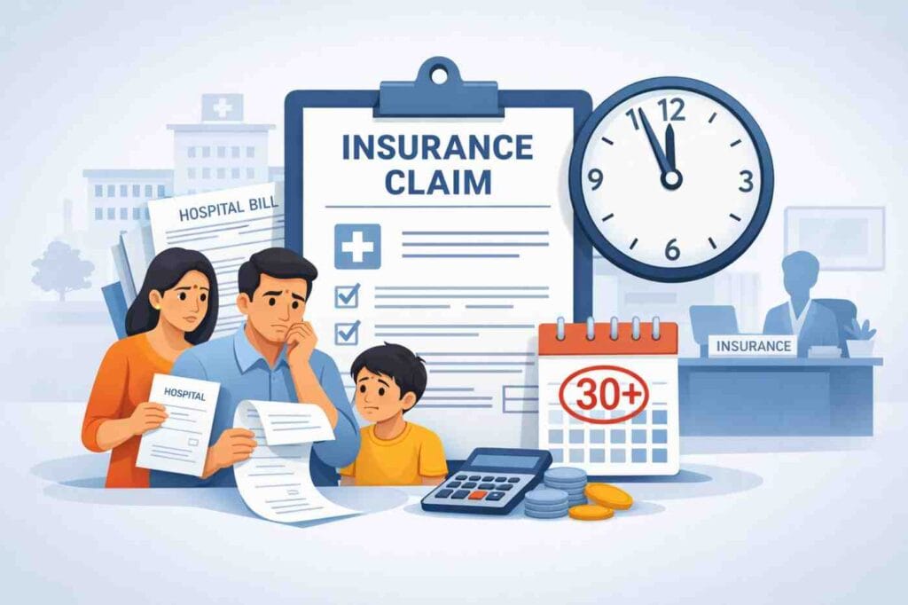 Health insurance claim delayed beyond 30 days in India showing medical bills, insurance documents and waiting timeline