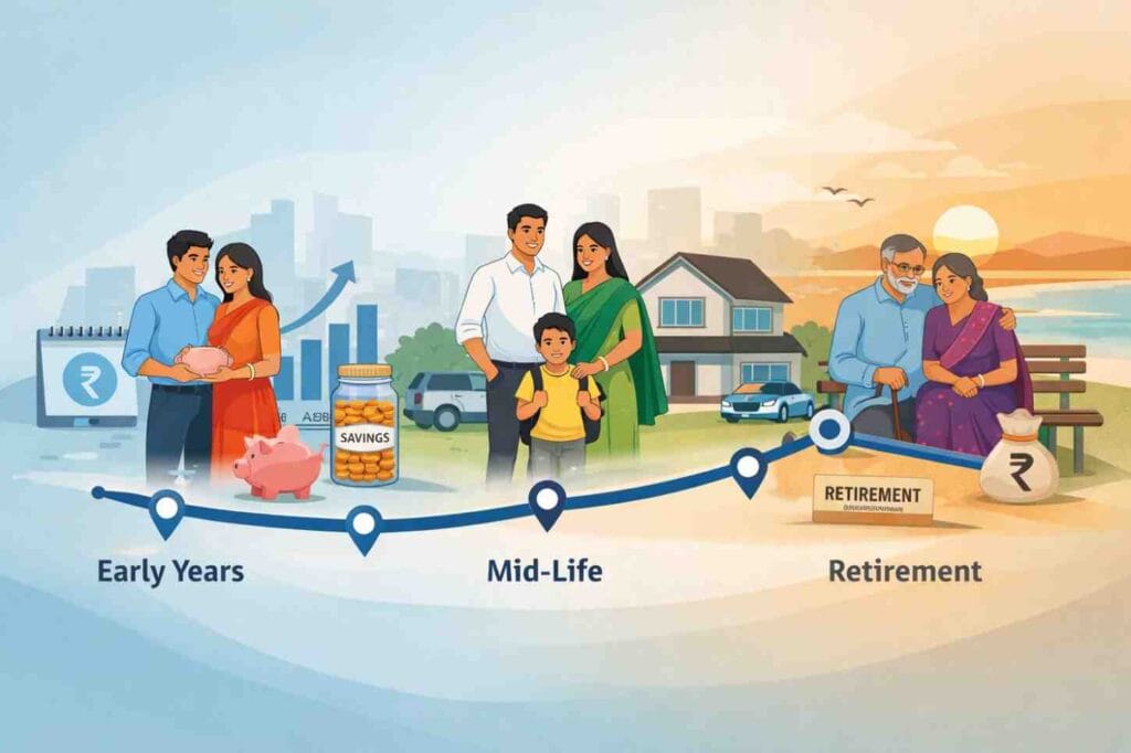 Illustration showing how long-term financial decisions impact wealth and financial security for an Indian household over time