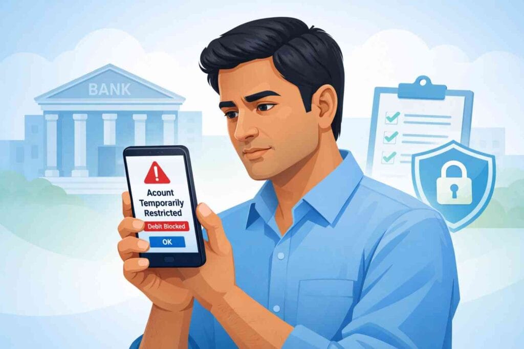 Illustration showing an Indian bank customer facing a temporary bank account freeze and completing verification steps as per RBI rules