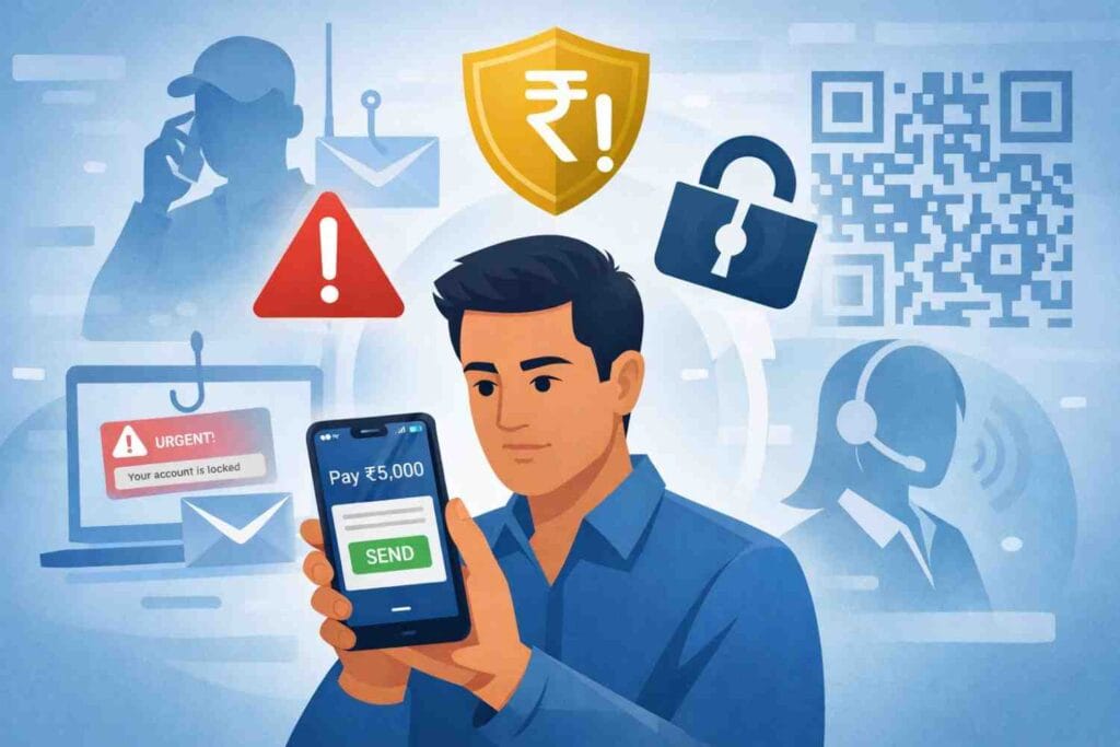 Illustration showing digital payment frauds in India where scammers target users through UPI, QR codes, and fake calls, Illustration of online payment scams in India affecting users through mobile apps and fraudulent payment requests