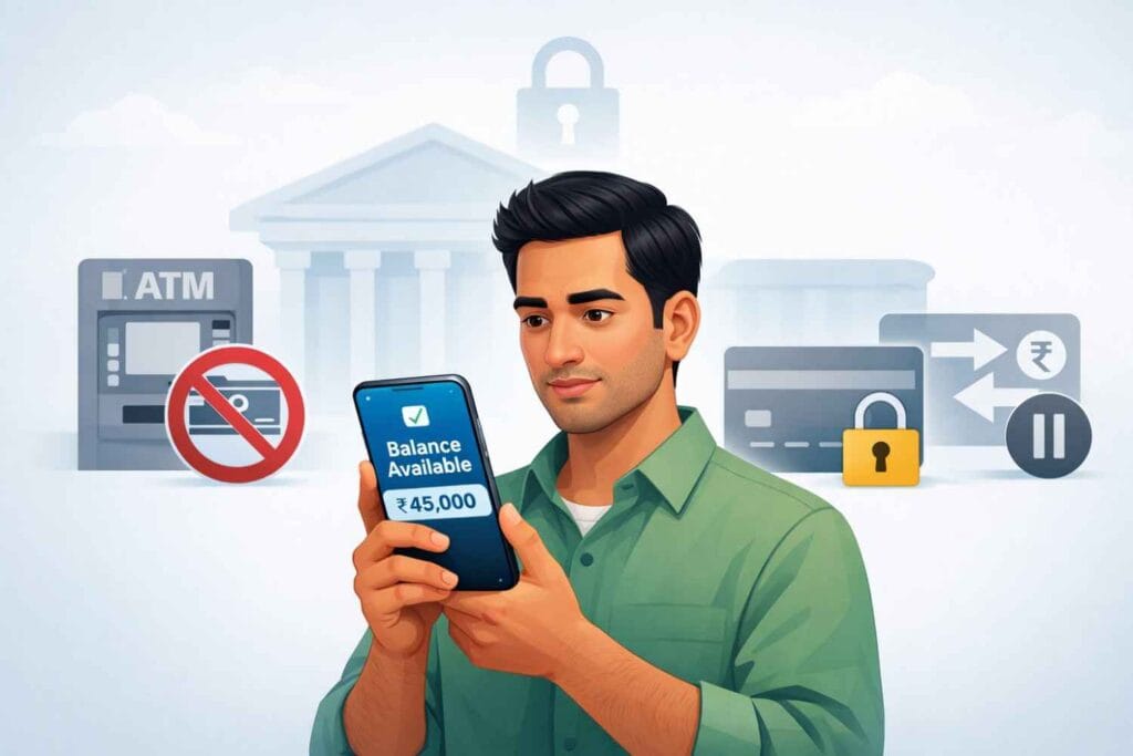 money in bank but cant use it due to account access restrictions, bank balance showing but debit and ATM access blocked