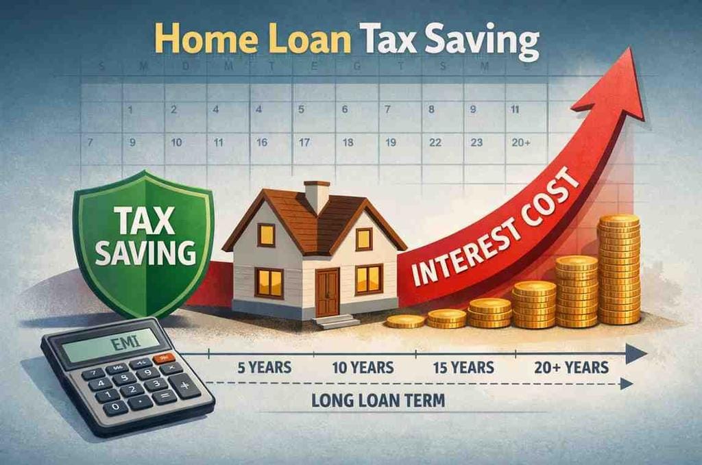 Home Loan Tax Saving illustration showing small tax shield against rising long-term interest cost on housing loan