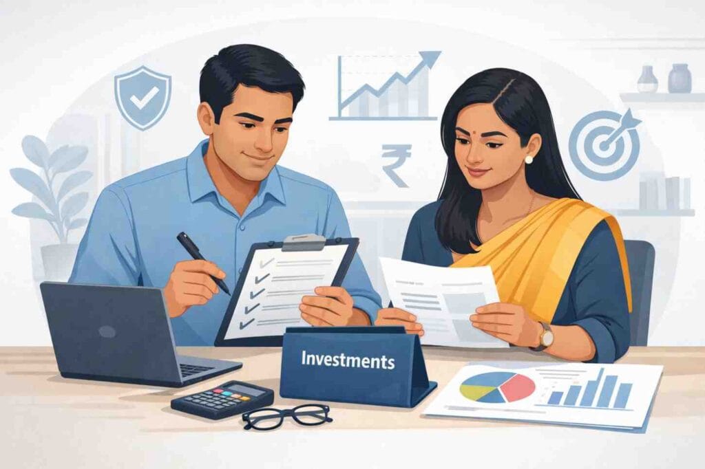 how to choose the right mutual fund in India illustrated with an investor reviewing investment options and risk factors