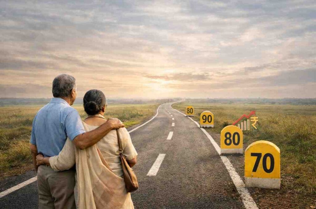 Longevity risk in India illustrated as retired couple facing a long financial road beyond age 60