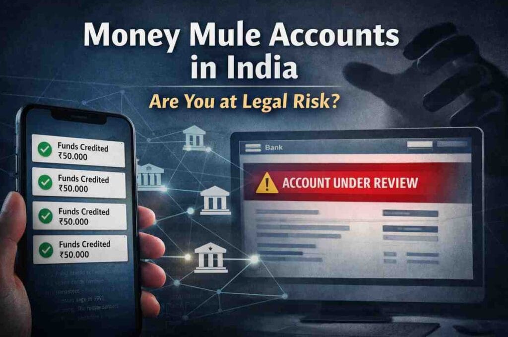 money mule accounts in India illustration showing suspicious bank transactions and account under review alert