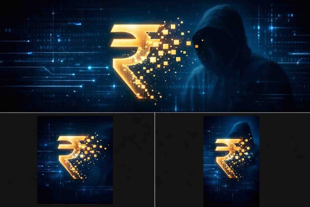 Cyber security concept image showing rupee symbol disruption representing rising UPI scams in India and digital payment fraud risks
