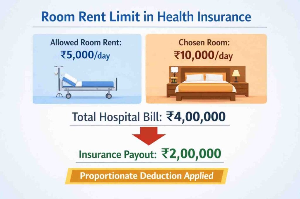 Room rent limit in health insurance showing proportionate deduction reducing hospital claim amount from ₹4,00,000 to ₹2,00,000