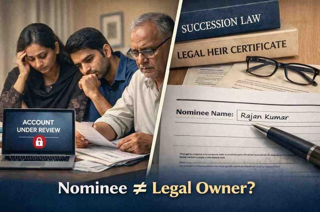 Nominee vs legal heir in India illustration showing frozen bank account, legal documents and family reviewing financial papers