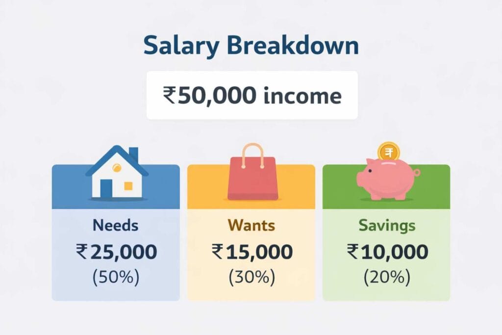 salary breakdown India example showing how to save money from salary in India using 50 30 20 rule with ₹50000 income