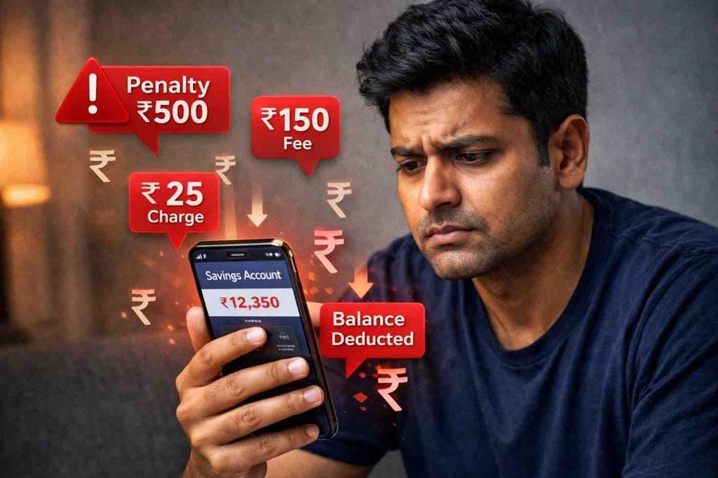 Savings account mistakes causing hidden bank charges and penalties while checking mobile banking app