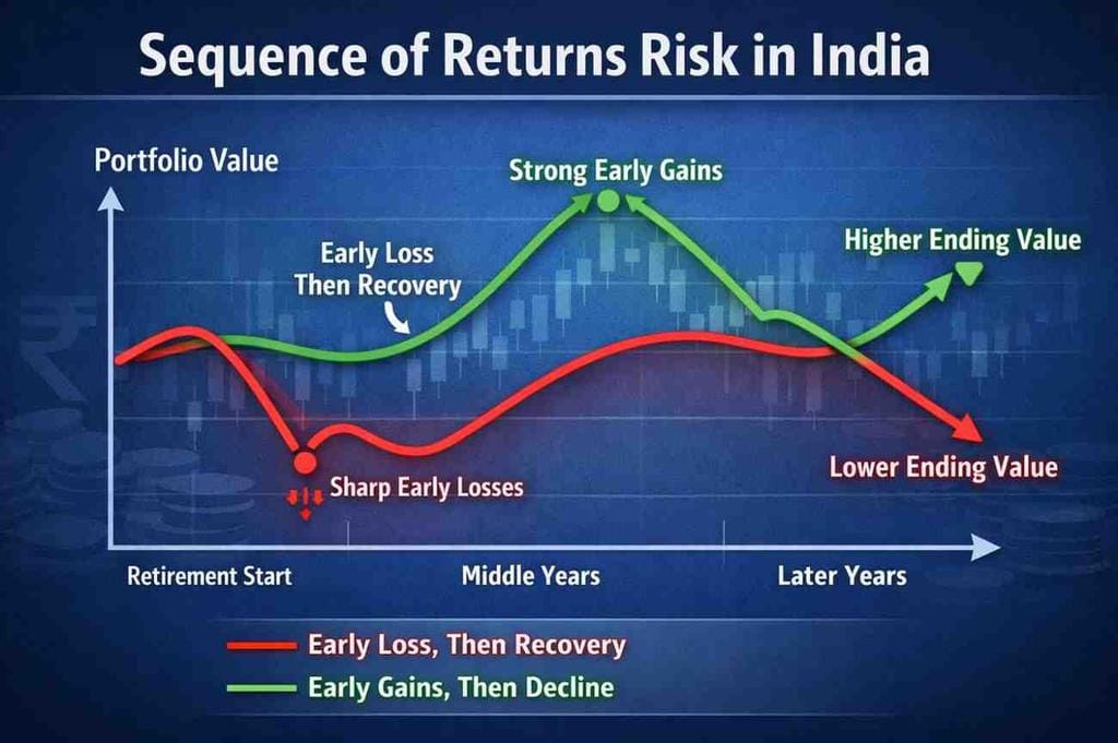 sequence of returns risks in India graph showing early market loss vs early gain impact on retirement savings