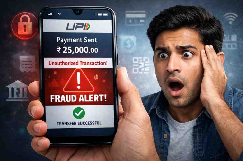 UPI fraud in India unauthorized transaction alert on smartphone showing digital payment scam warning and money transfer notification