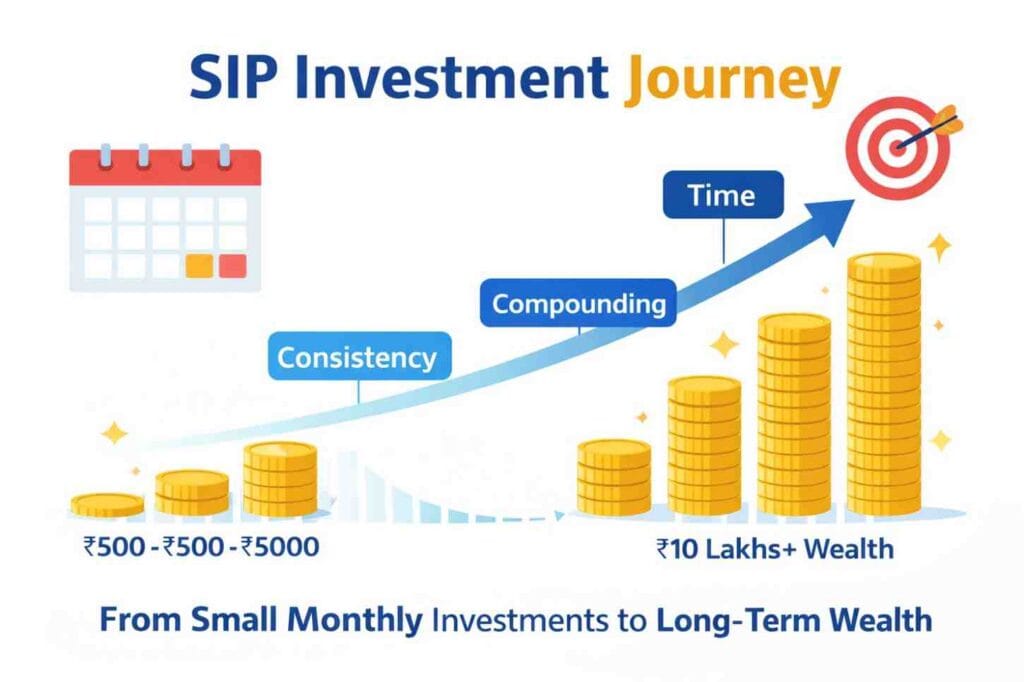how to start SIP in mutual funds in India infographic showing ₹500 monthly investment growing to ₹10 lakhs through compounding