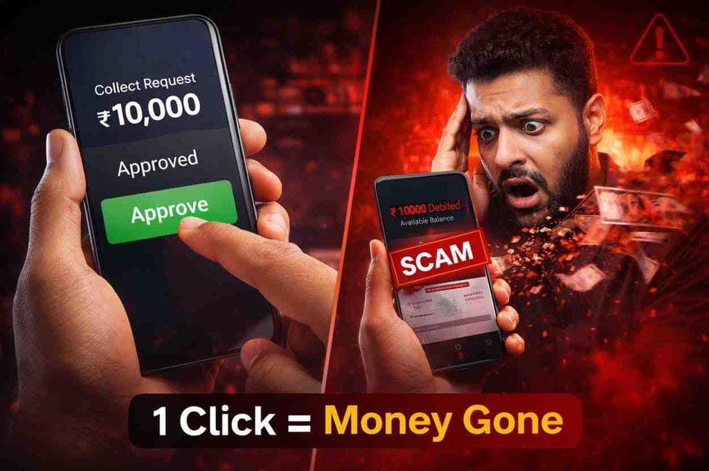 Dangerous UPI scams in India showing how a collect request can instantly empty a bank account after one wrong approval