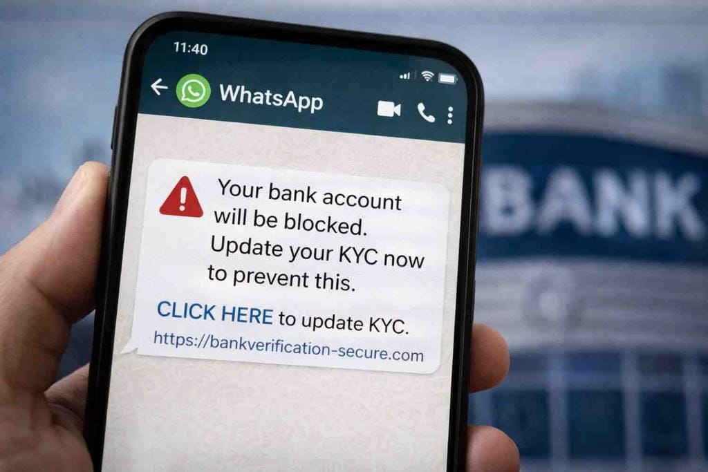 WhatsApp scams in India warning message showing fake bank alert and phishing link on mobile screen