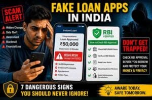 Fake loan apps in India warning showing dangerous instant loan scam and RBI approval verification process