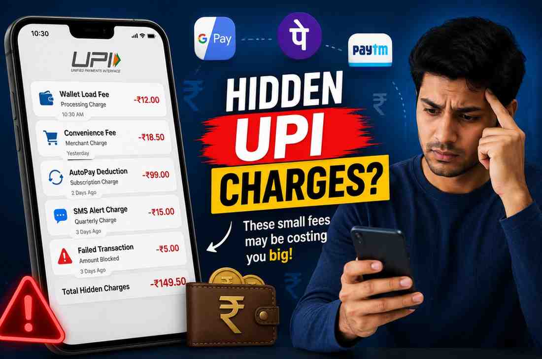 Hidden charges in UPI apps shown through smartphone payment deductions and digital wallet fees