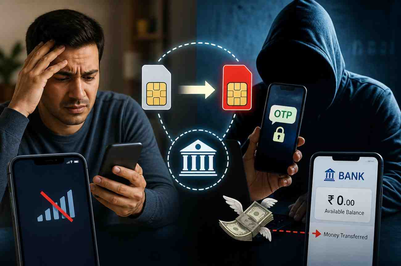 SIM swap fraud in India step-by-step process showing mobile number hijacking, OTP interception, and bank account money transfer
