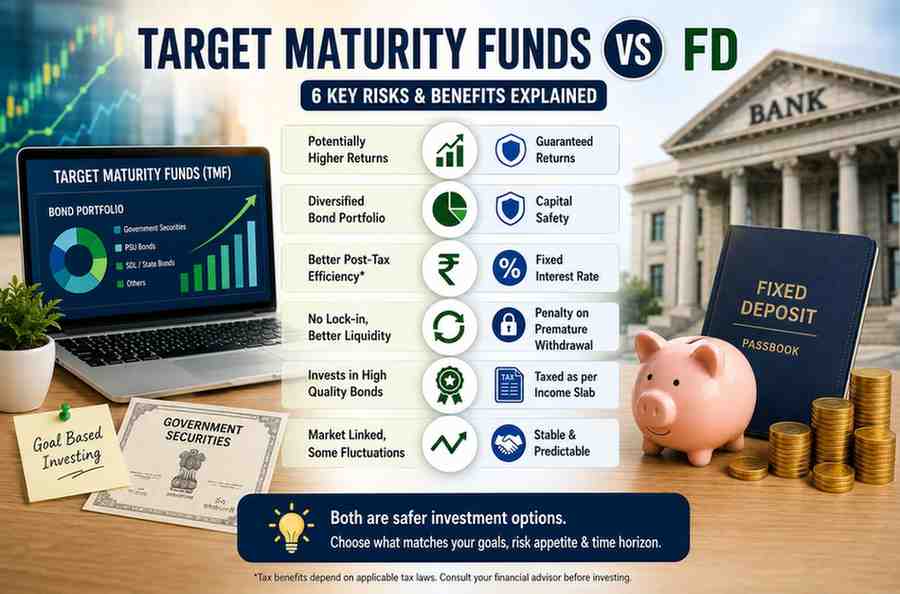 Target maturity funds vs FD comparison showing risk, returns, taxation, and investment choices for Indian investors