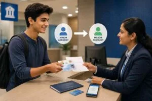 Minor to Major Bank Account Conversion process in India showing an 18-year-old updating KYC documents at a bank branch