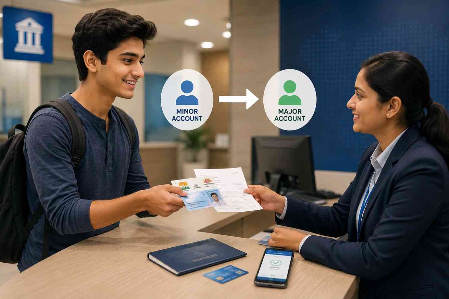 Minor to Major Bank Account Conversion process in India showing an 18-year-old updating KYC documents at a bank branch