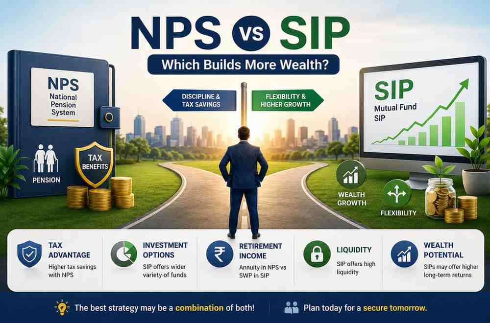 NPS vs Mutual Fund SIP for Retirement comparison showing tax benefits, flexibility, retirement income, and wealth creation potential