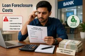 Personal Loan Foreclosure Charges in India shown through a borrower reviewing foreclosure fees, hidden charges, and loan closure documents before early repayment
